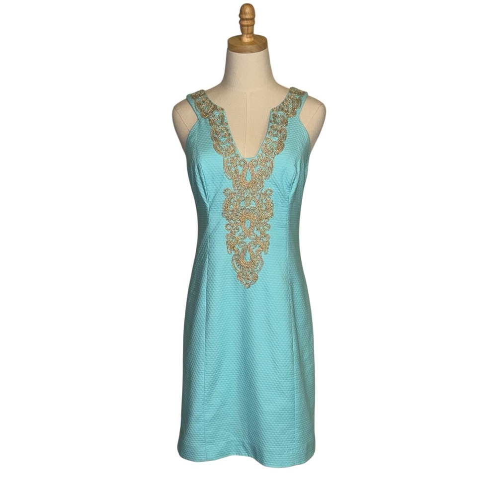 LILY PULITZER Size 4 Suzette Serene Blue Shift Dress w/Metallic Gold Cording
